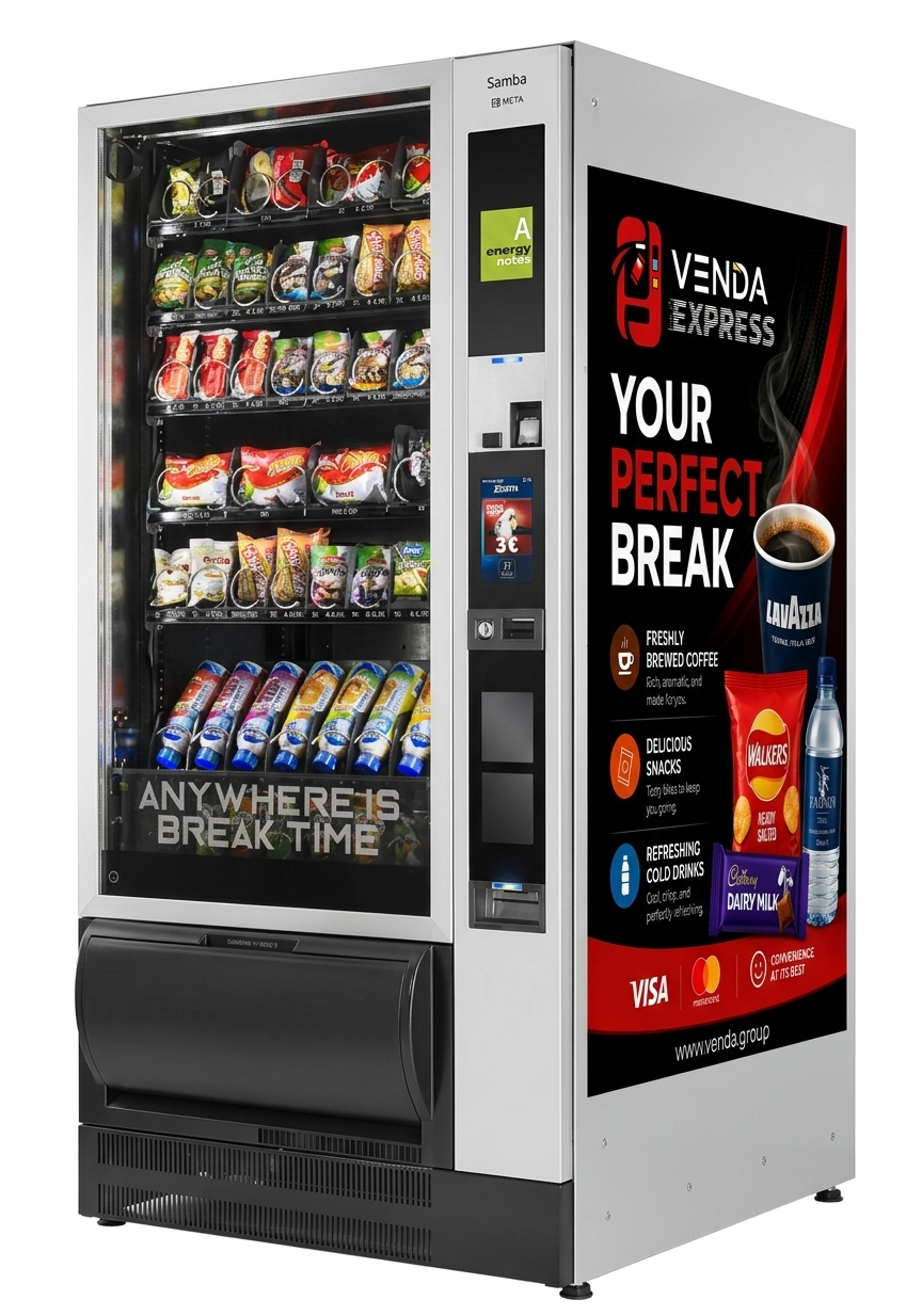 Venda Group combo vending machine stocked with snacks and cold drinks